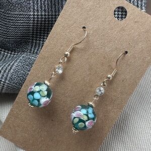 Lampwork Floral Teal Pink Gold Tone Beaded Earrings